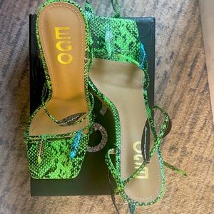EGO Whisper Leaf Square Toe Green Snake Print Faux Leather Heel